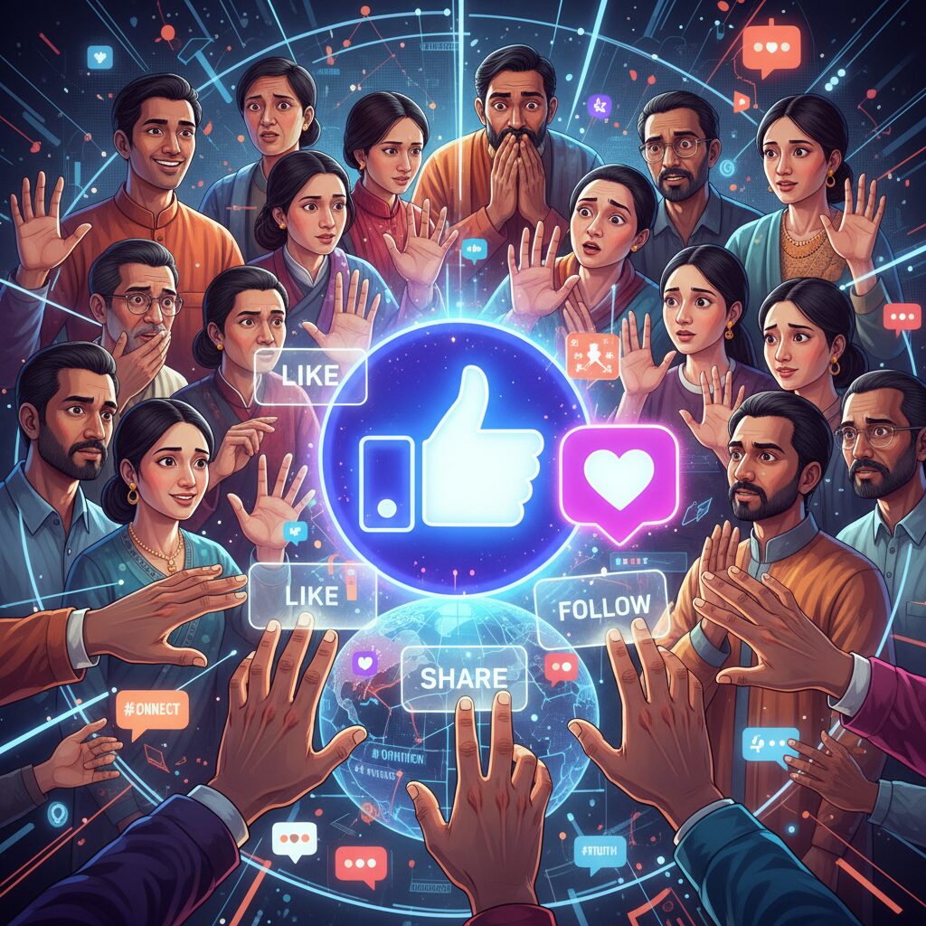 SNSアイコンを中心に人々が集まるイラスト。対話と批判の象徴。