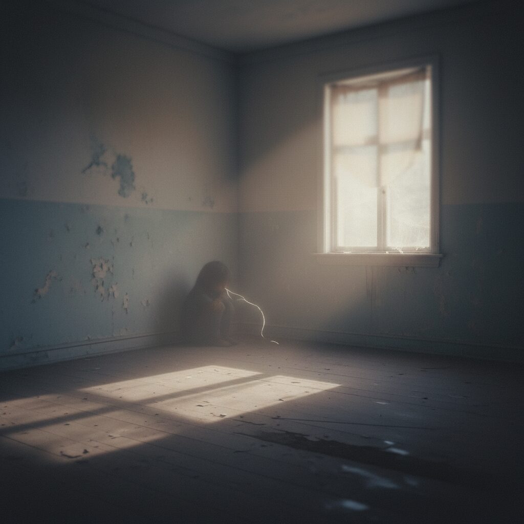 薄暗い部屋で孤独に座る幼い子供のシルエット。ネグレクトと悲劇を象徴する抽象的なイメージ。