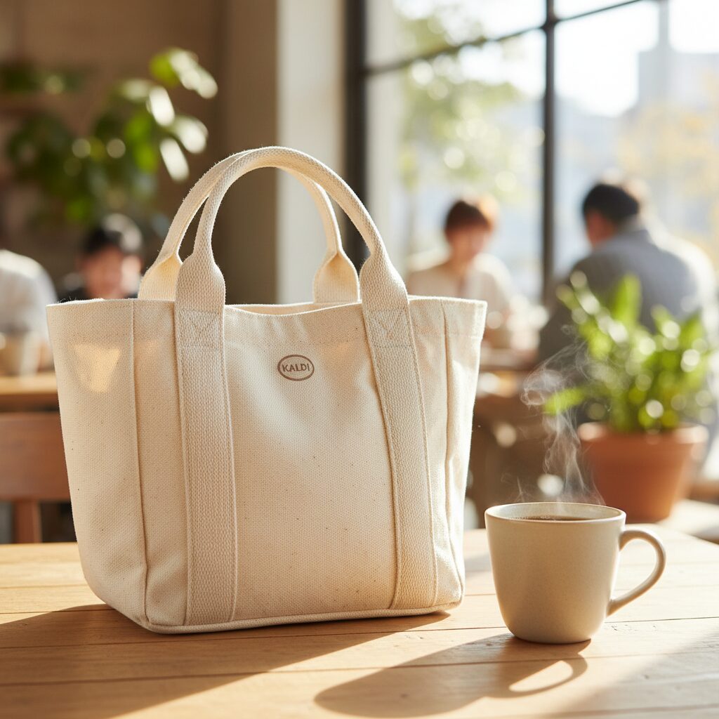 カルディのロゴ入りエコバッグとコーヒーカップが置かれたおしゃれな写真