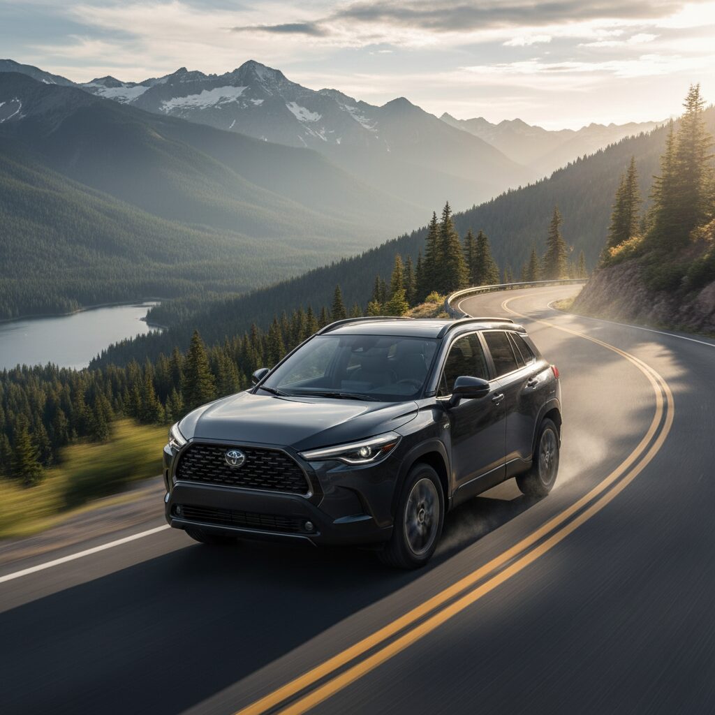 新型カローラクロスが走行する様子、デザインの特徴を強調