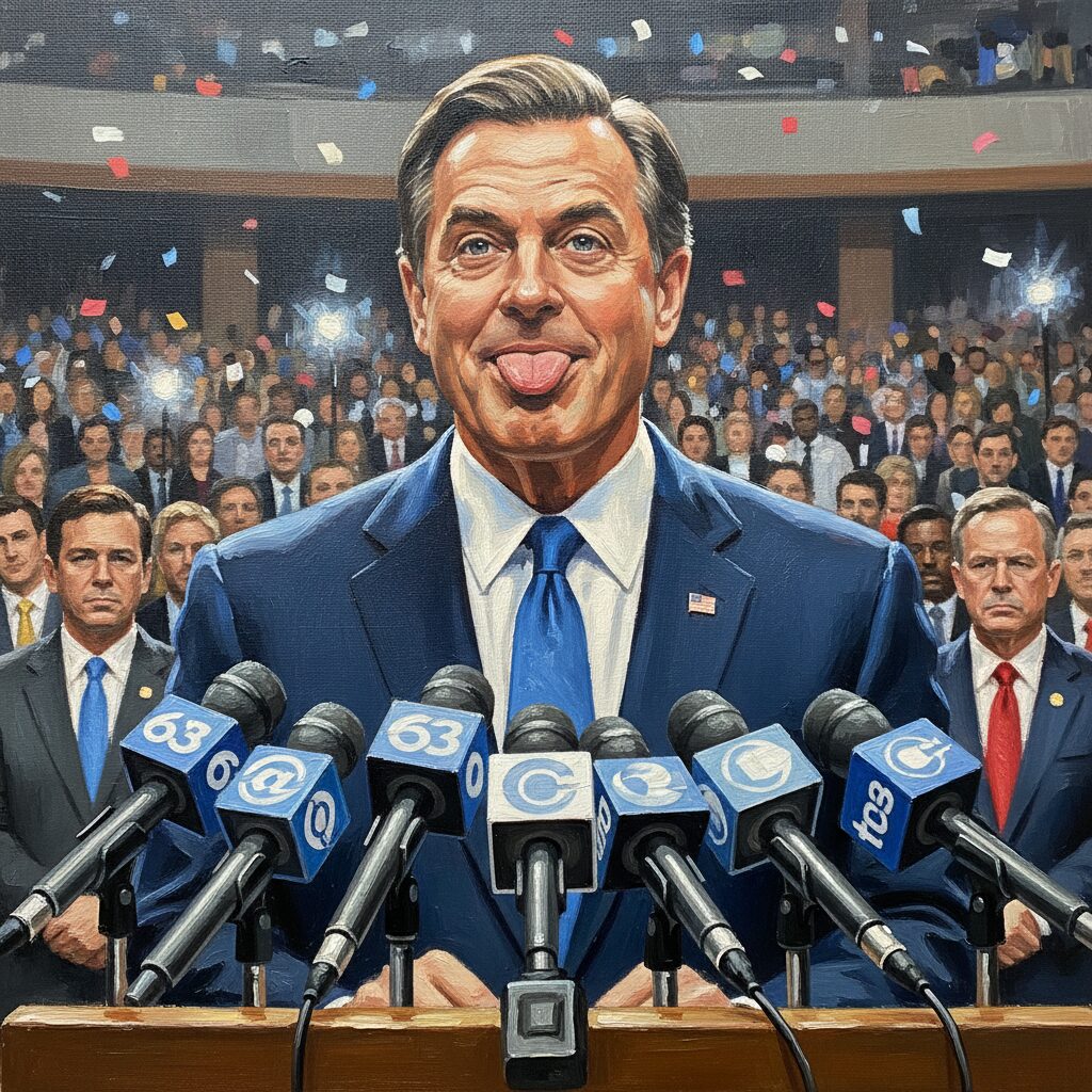 記者会見で舌出しの仕草を見せる宮城県知事のイメージ。背景は報道陣で賑わう会見場。