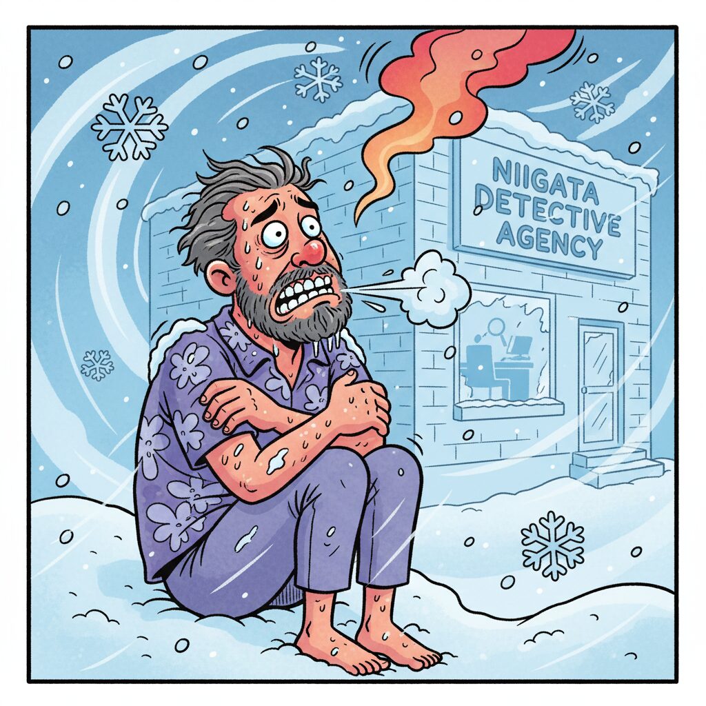 雪降る新潟で半袖姿のダイアン津田が「長袖をください」と叫ぶコミカルなイラスト