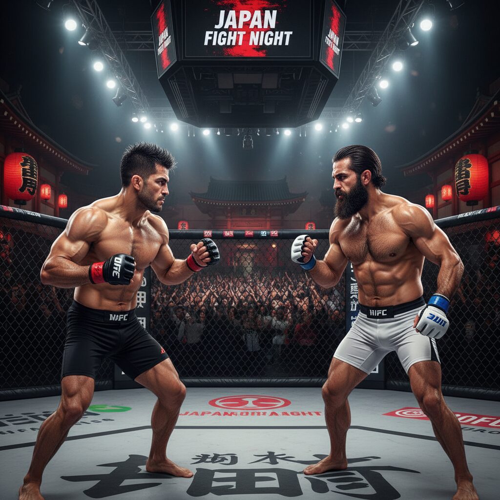 RIZINのケージで激しく睨み合う朝倉未来とラジャブアリ・シェイドゥラエフ