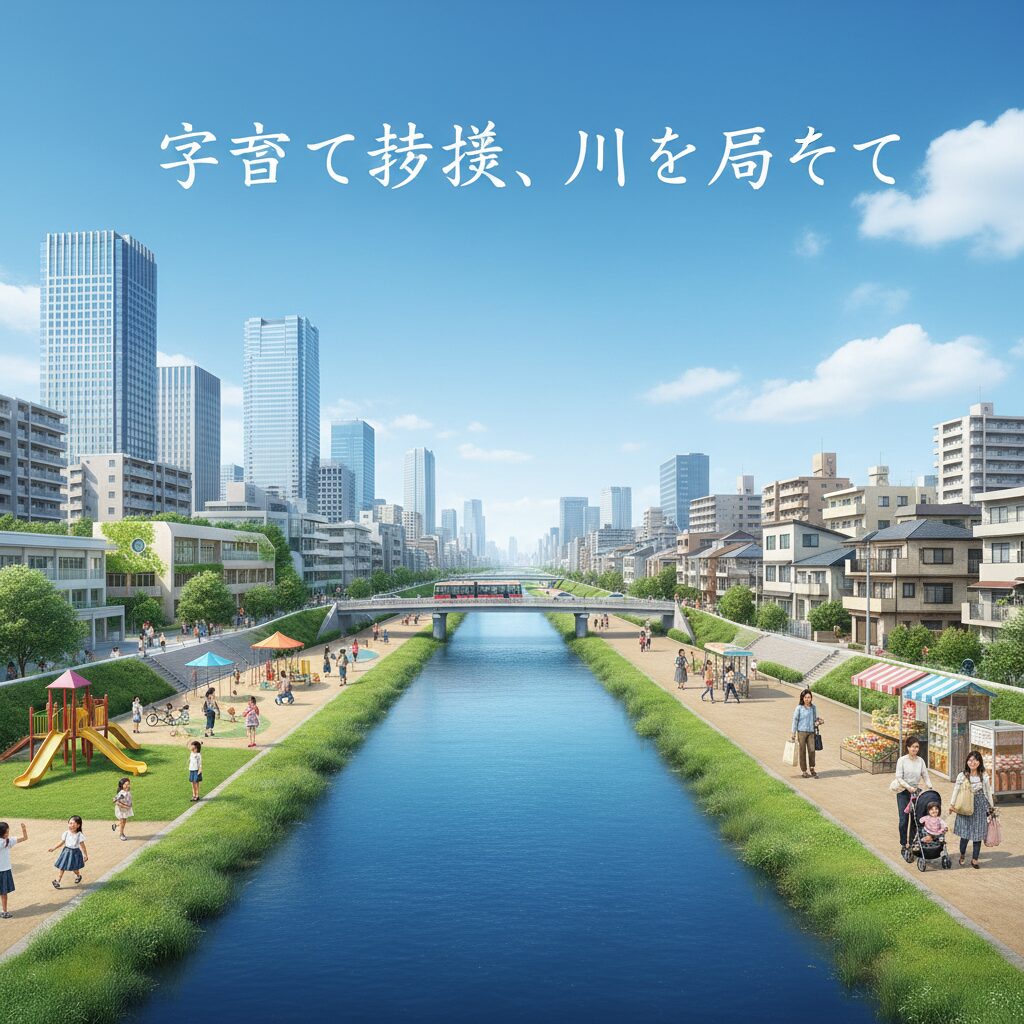 多摩川を境に、子育て支援が手厚い東京都と、そうでない神奈川県側の風景が対比されているイラスト。