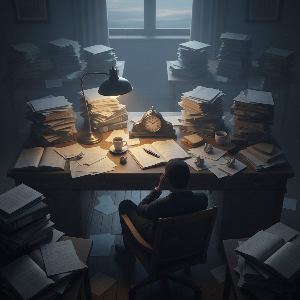 午前3時を指す時計、山積みの資料、机の上のペンが描かれた、緊迫感のある早朝の勉強部屋の様子。