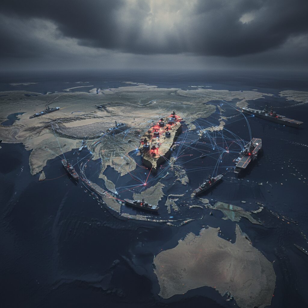 台湾周辺の地政学的緊張を示す概念図、貿易路と軍事プレゼンスの要素