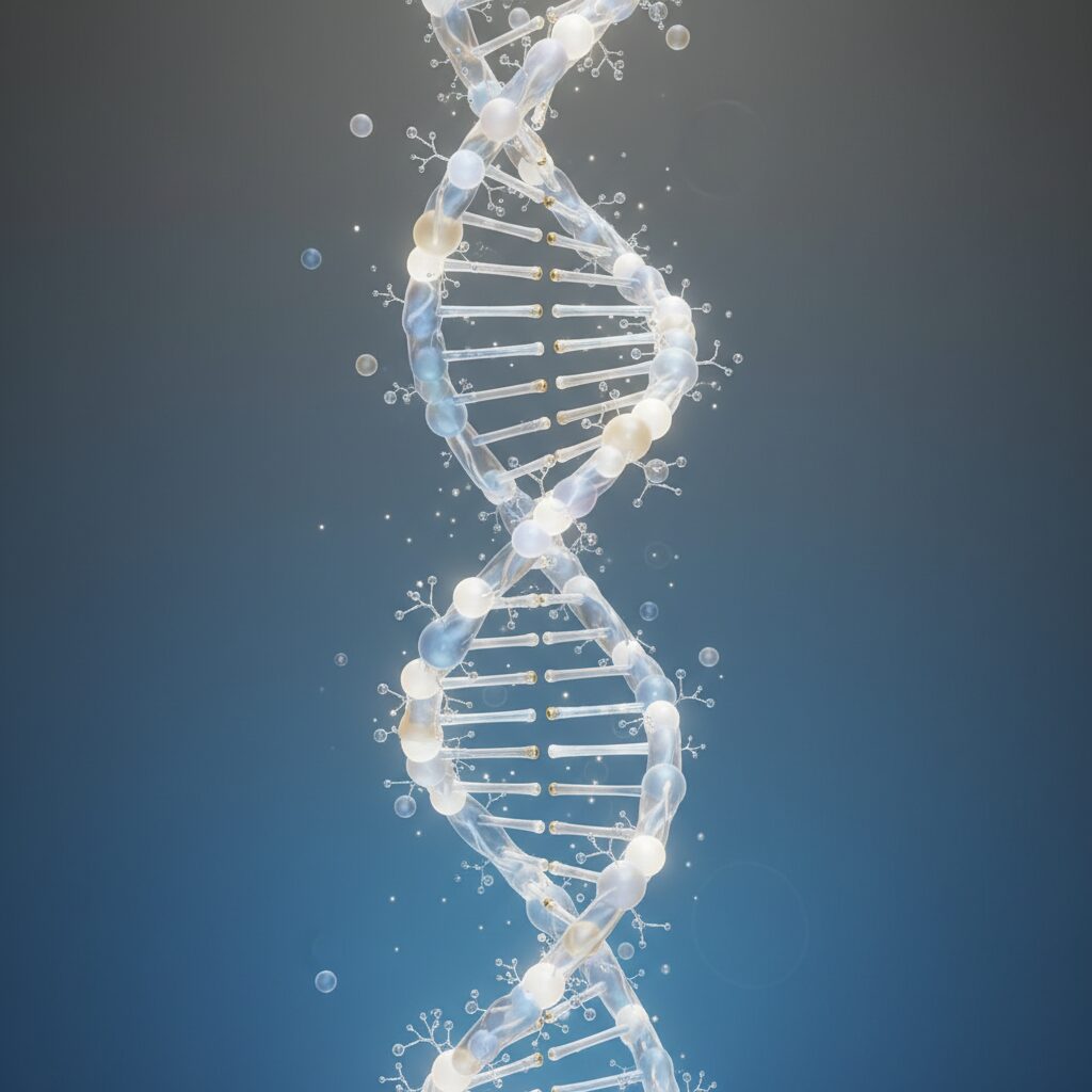 DNAの二重らせん構造のイラスト。科学的な発見と現代科学への影響を象徴する。