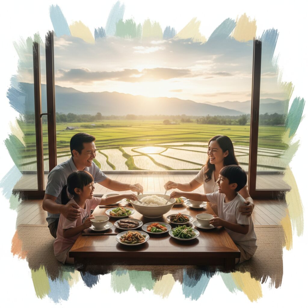 米価高騰への対策として政府が検討するおこめ券を家族が喜んで受け取る様子