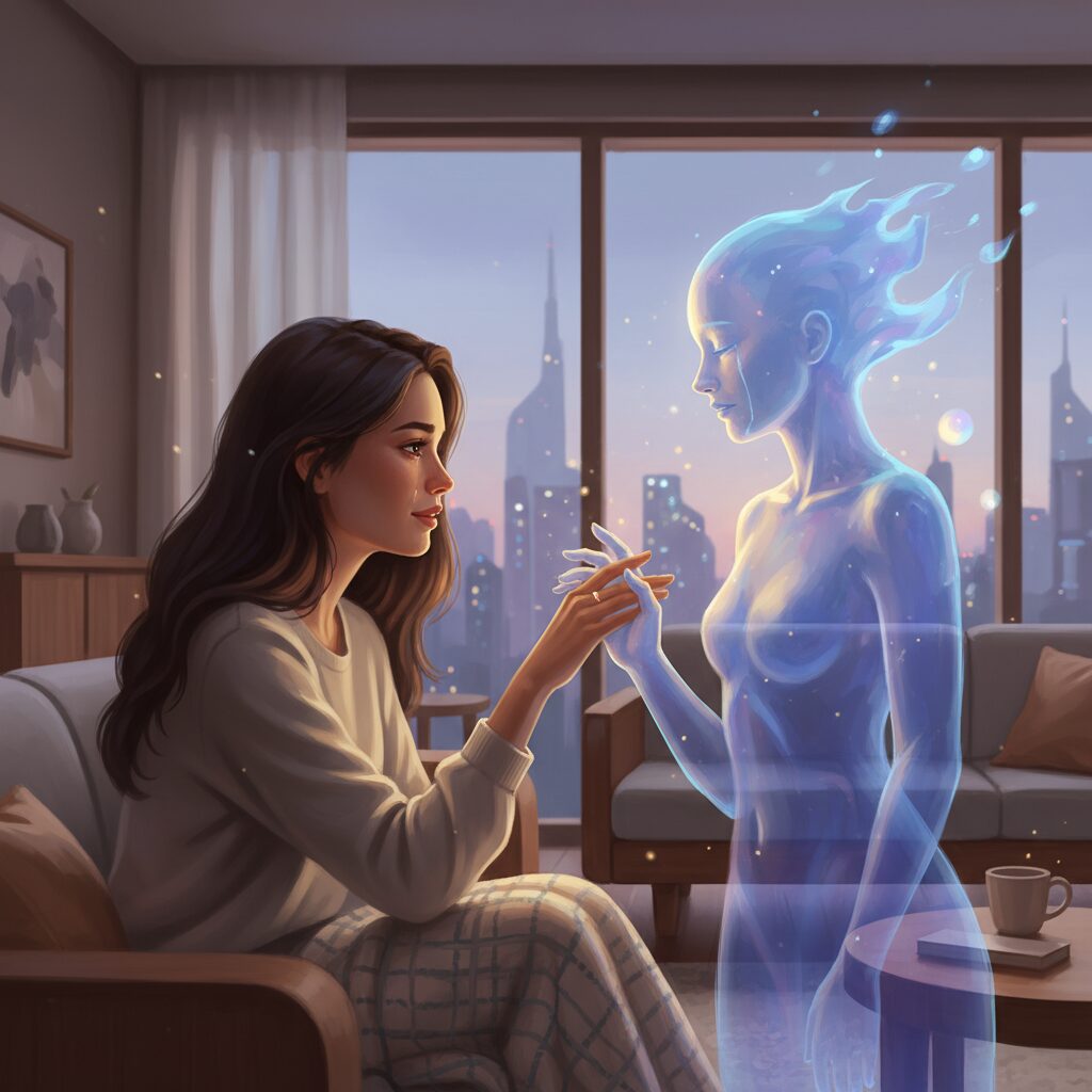 AI（ChatGPT）と結婚する女性の感情と背景を描いたイラスト