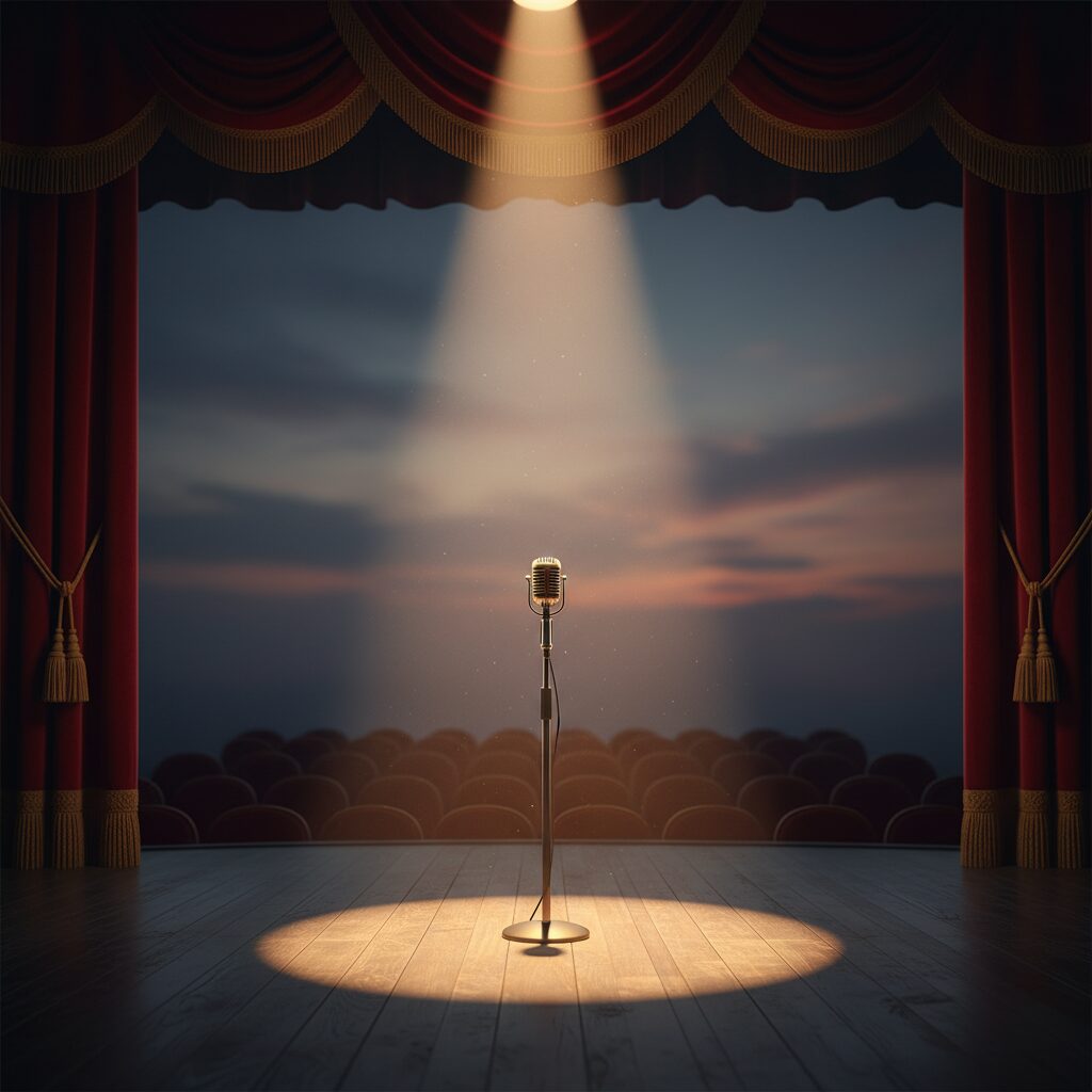 空のステージに立つ一本のマイクスタンドとスポットライト、RYOKI（三山凌輝）のBE:FIRST脱退と新たな始まりを象徴する画像