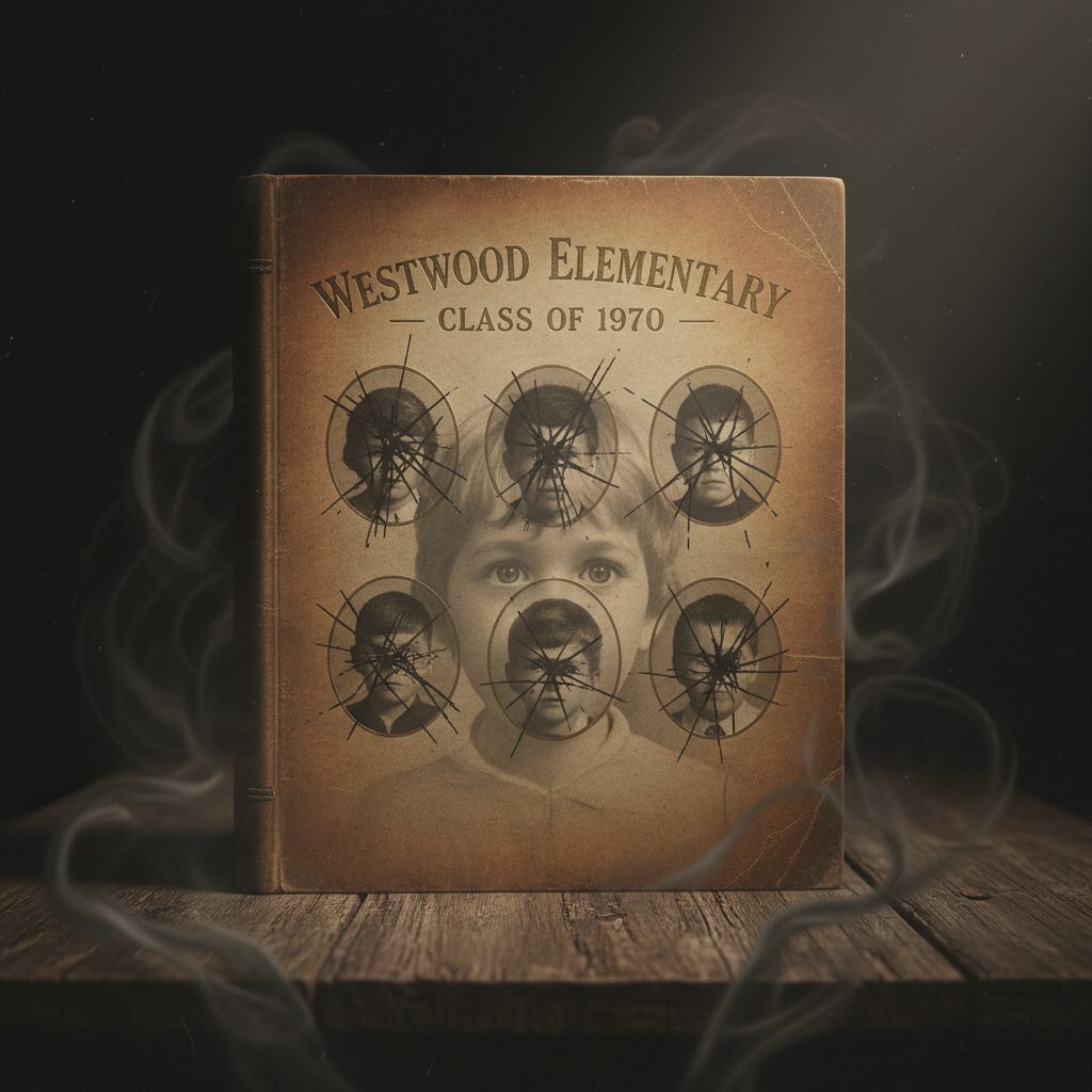 卒業アルバムの顔が塗りつぶされ、7人目の影が見えるミステリアスな画像