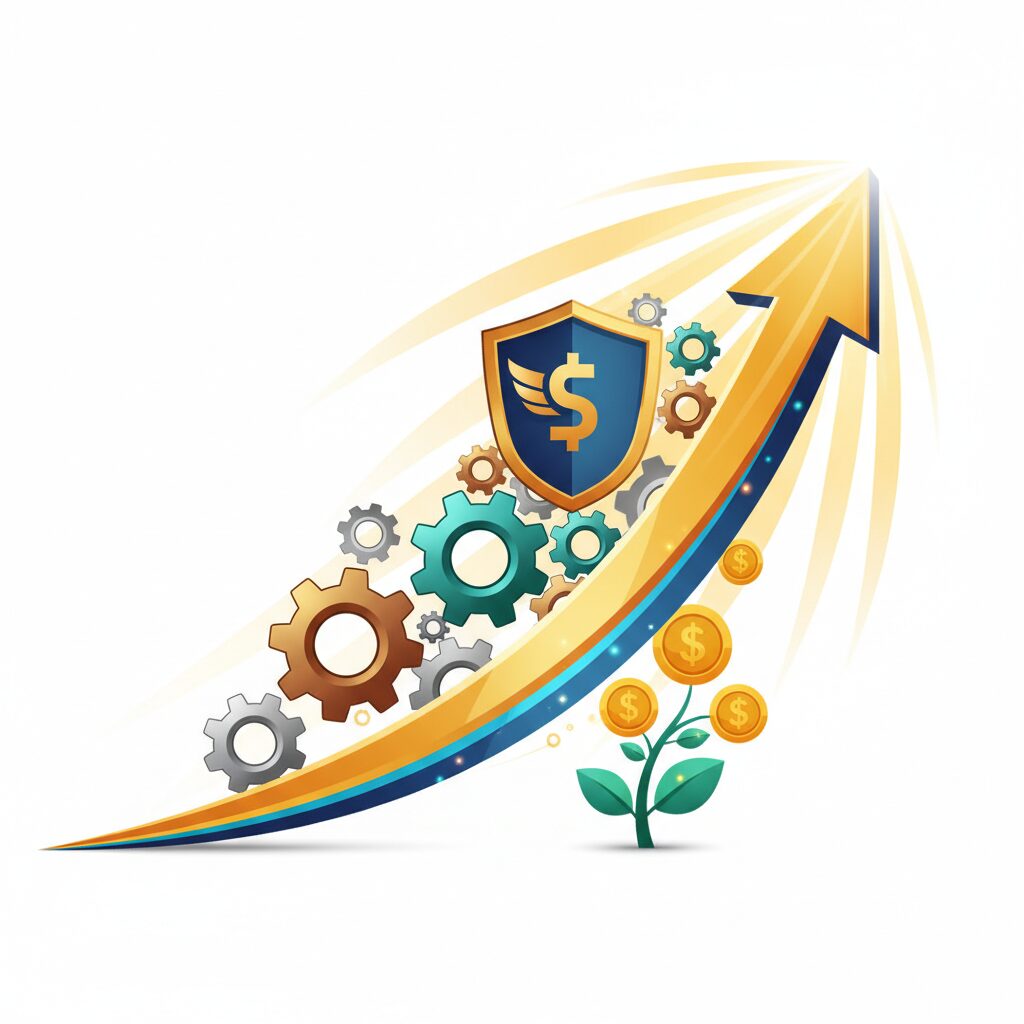 日本経済の成長を示すグラフと産業を表す歯車、投資を象徴する要素が組み合わされたイラスト