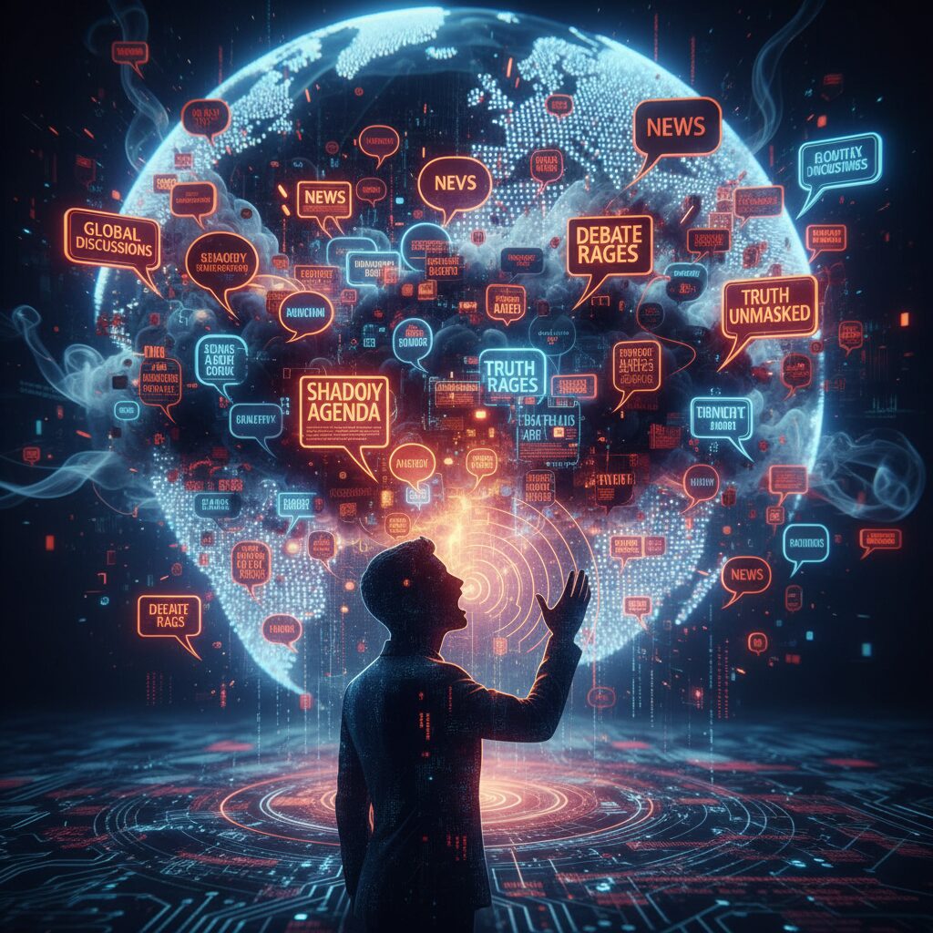 SNS上の情報拡散と発言責任を象徴するイメージ。発言者がデジタルな波紋を広げている様子。