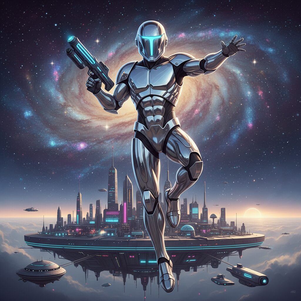 銀色のコンバットスーツをまとった宇宙刑事ギャバンが宇宙空間でポーズをとる様子