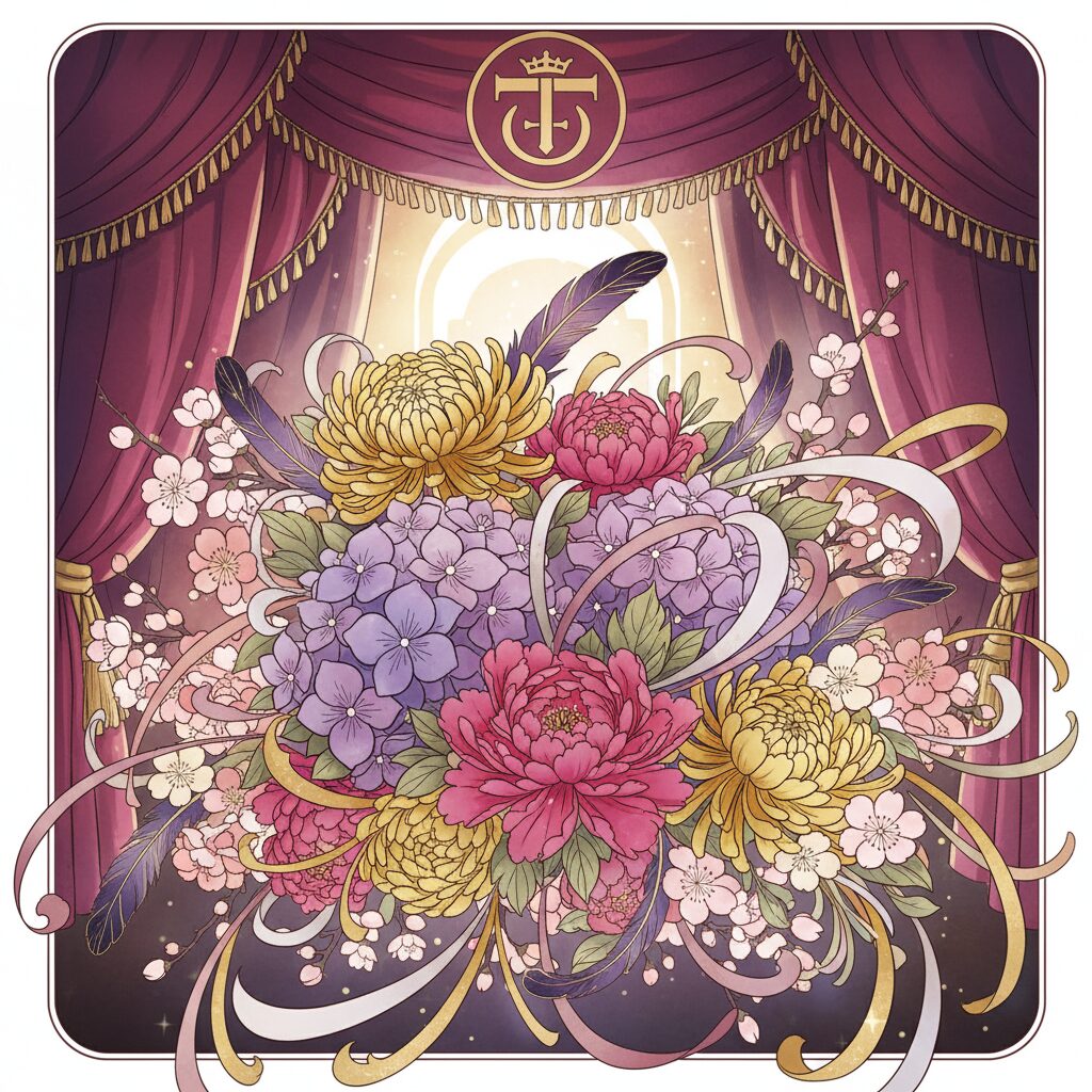 宝塚歌劇団の舞台を背景にした、紫やピンクの華やかな花束のイラスト。お花代の慣習と、ファンからタカラジェンヌへの応援の気持ちを象徴。