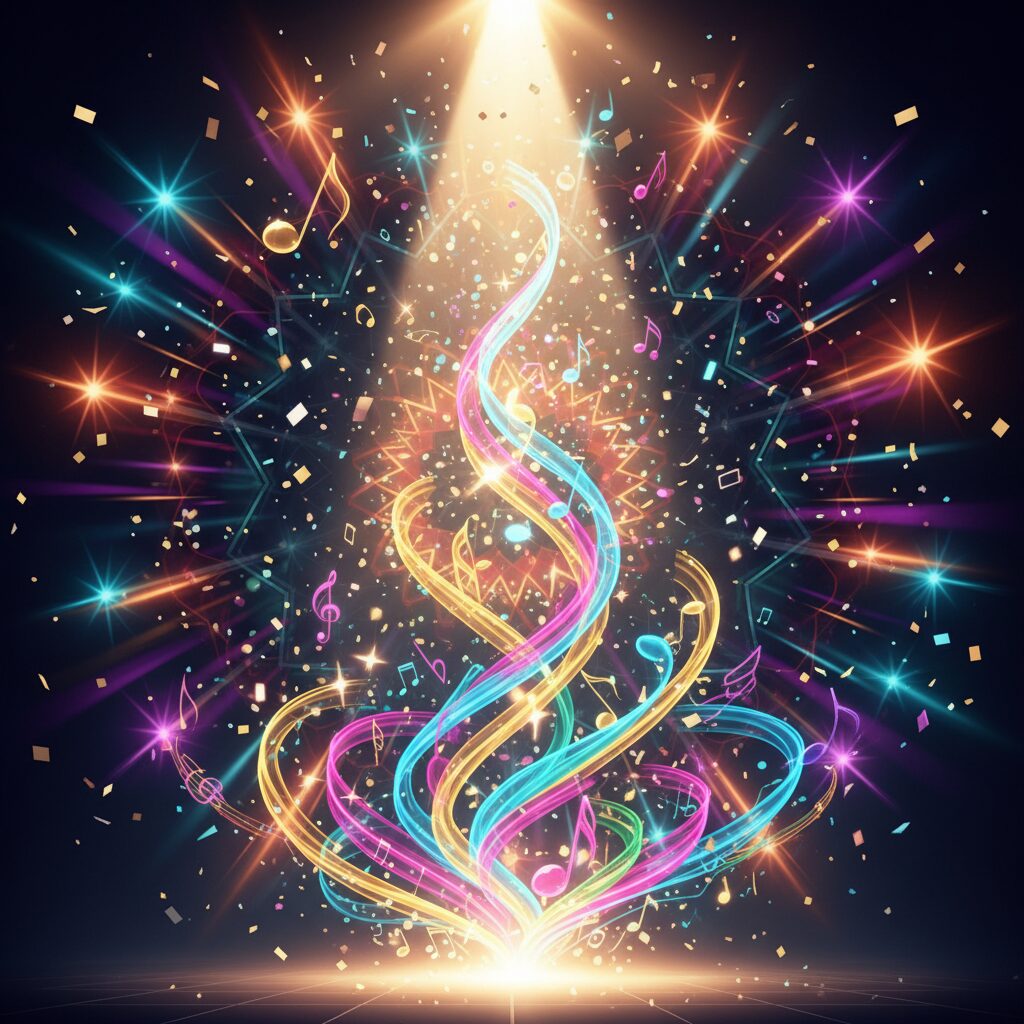 紅白歌合戦のステージをイメージさせるスポットライトと華やかな光に包まれた＆TEAMとaespa