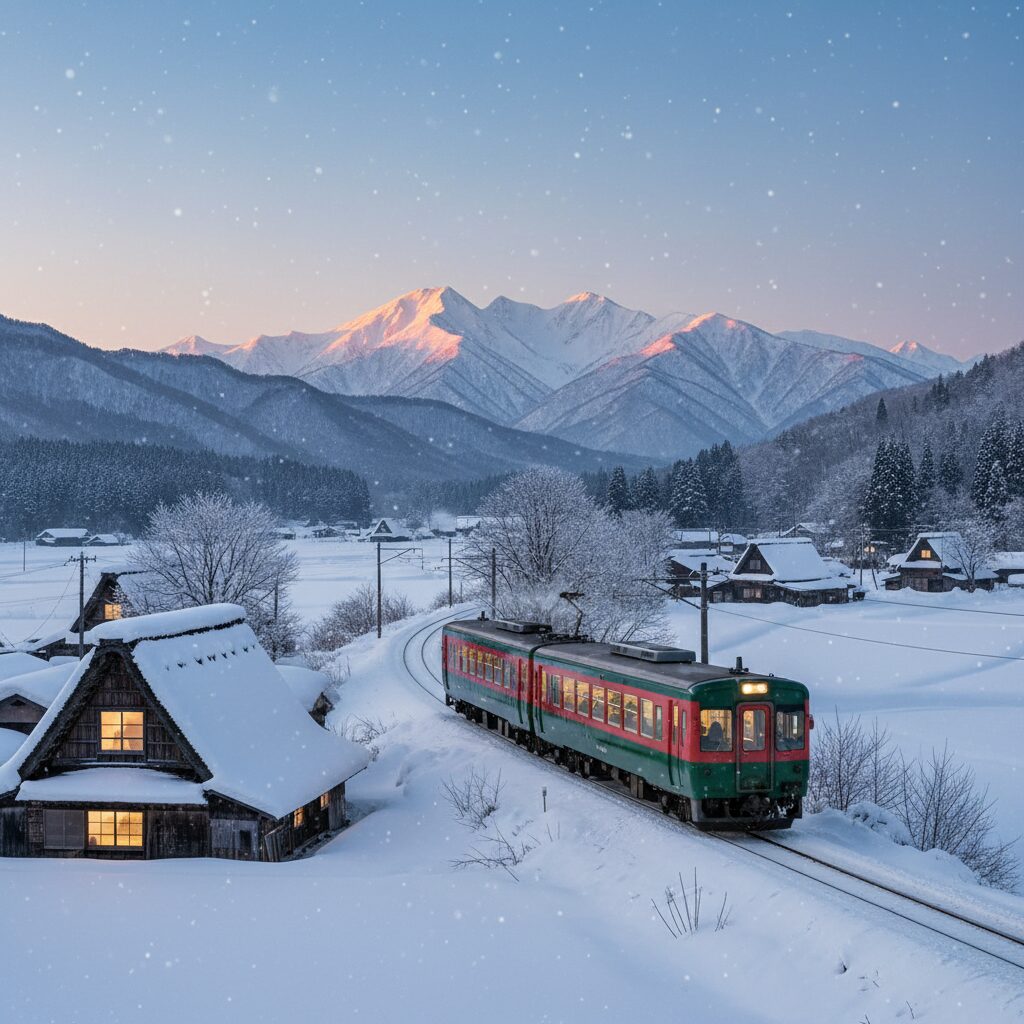 冬の雪景色の中を走るJRの普通列車。