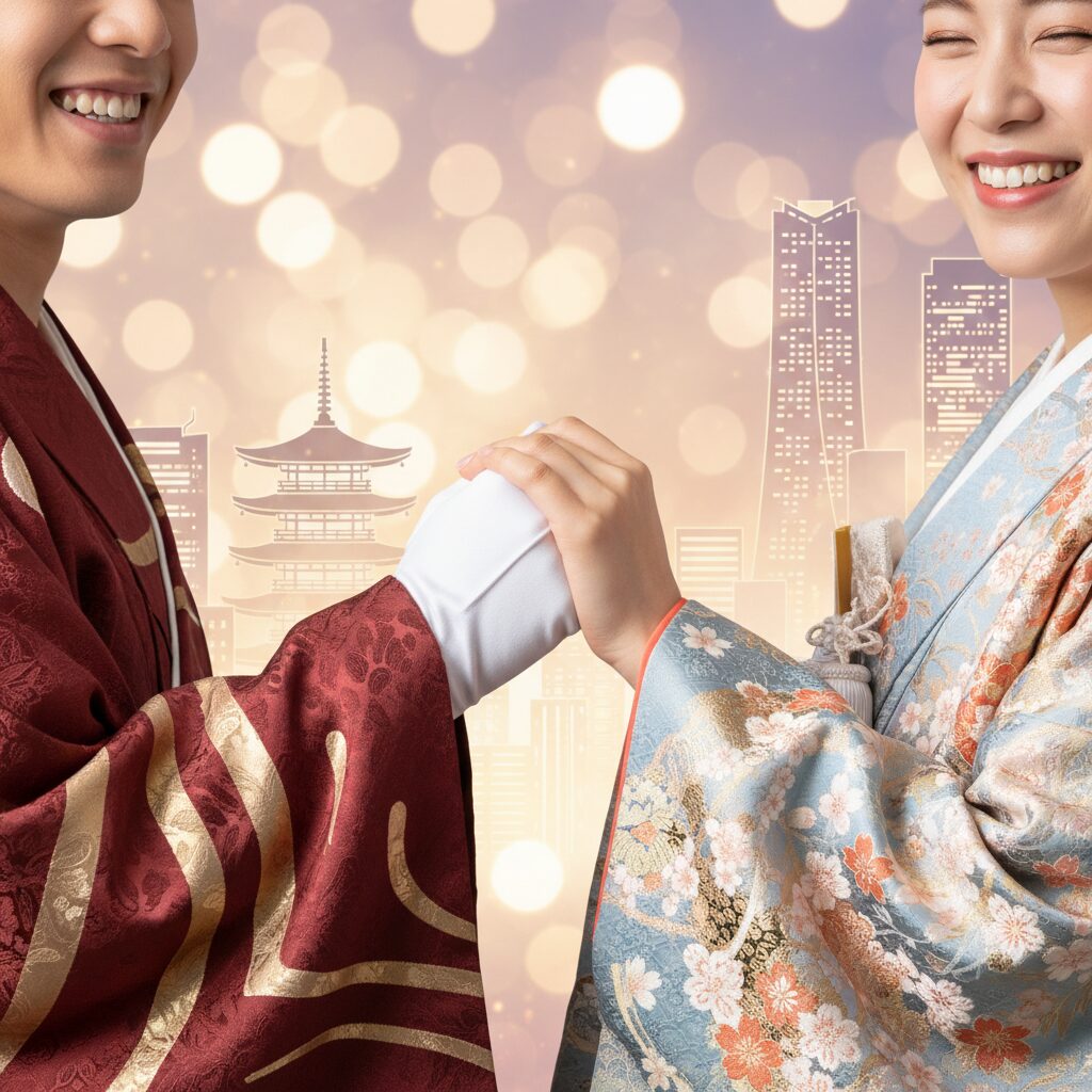 歌舞伎俳優の中村橋之助と元乃木坂46能條愛未の婚約会見風景。和装と洋装を組み合わせたモダンなカップルのイメージ。