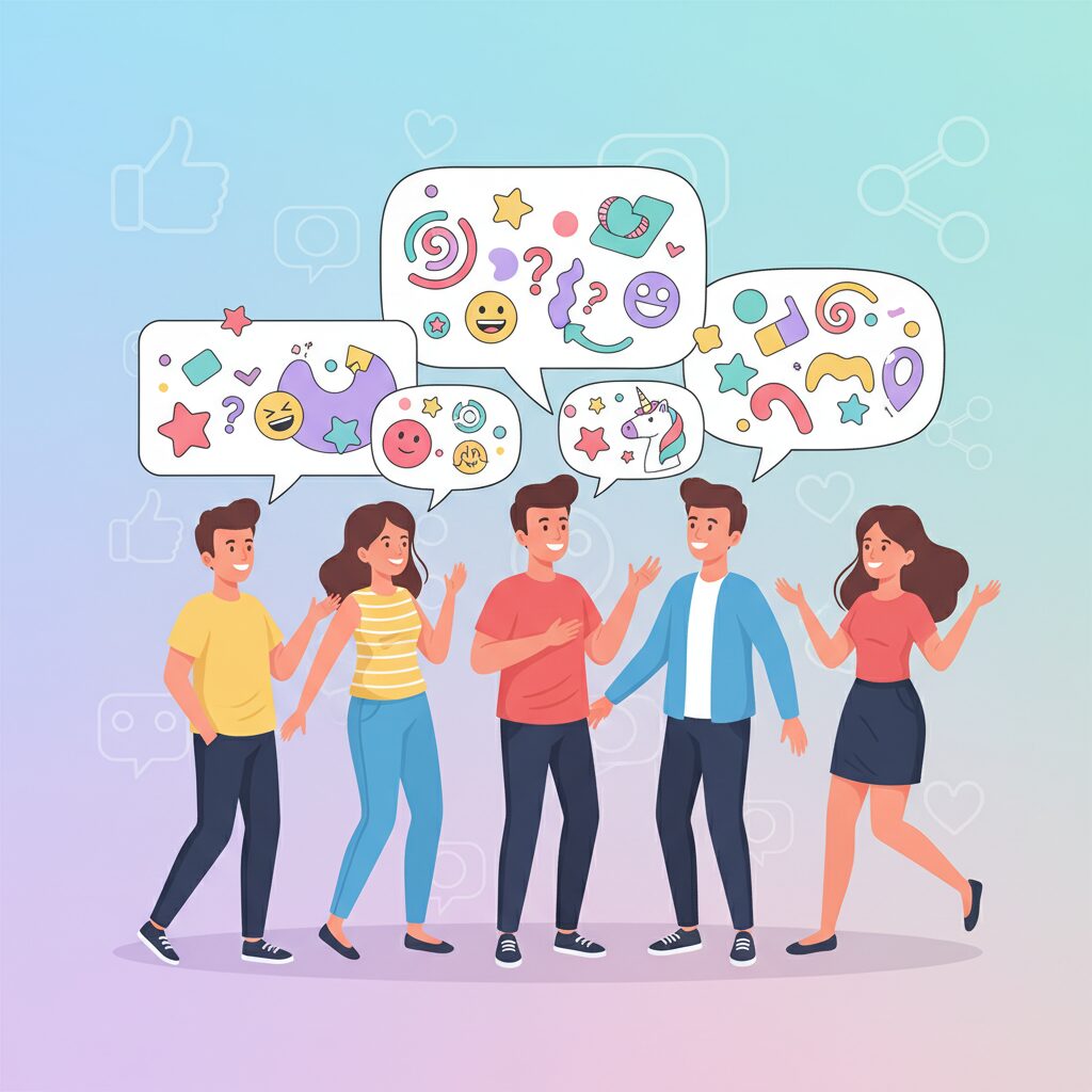 カラフルな吹き出しで会話する若者たちとネオダジャレのイメージ