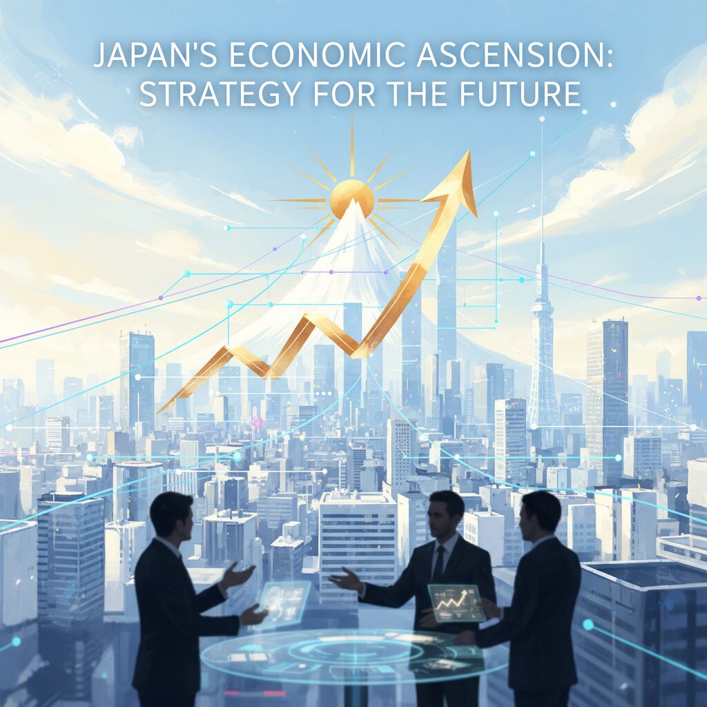 日本成長戦略会議で議論されるAI、半導体、造船などの重点分野を表す、テクノロジーと経済成長を象徴するイメージ