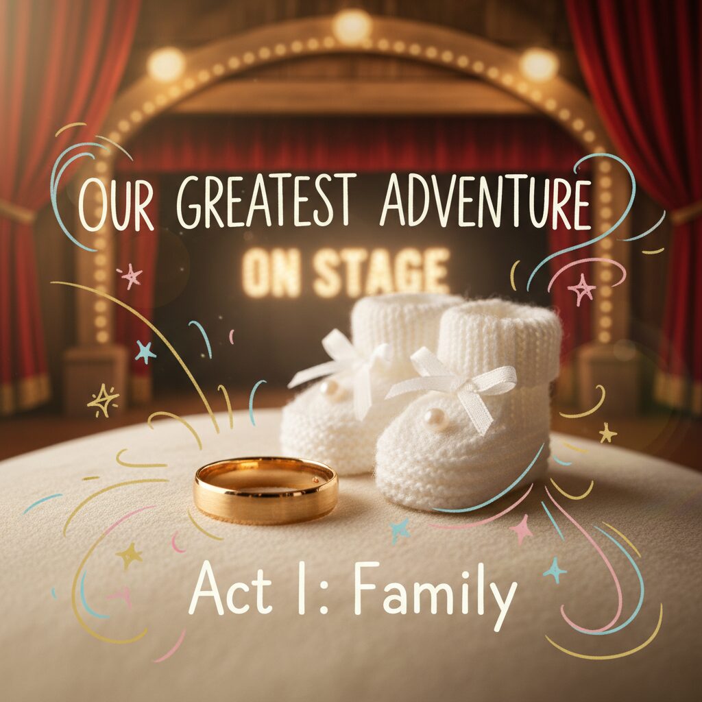 結婚指輪と小さなベビーシューズ、そして舞台のような背景の温かい画像