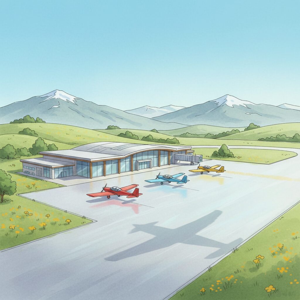 いわて花巻空港のターミナルビルとカラフルな飛行機が並ぶ滑走路