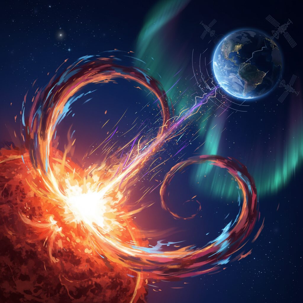 太陽から放出される大規模な太陽フレアが地球に向かい、社会インフラへの影響やオーロラ発生の可能性を示唆するイラスト
