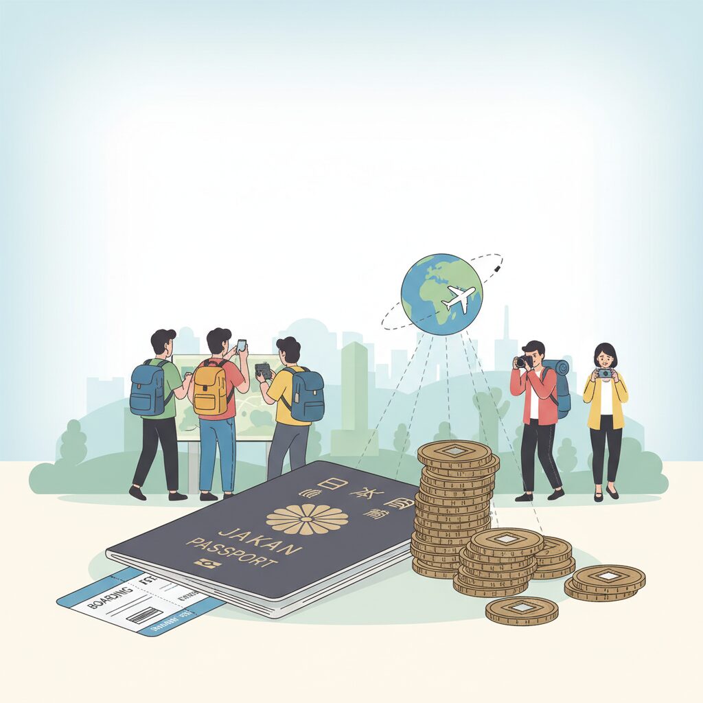 日本の出国税が3,000円に引き上げられる可能性を示唆する、パスポートとコインのイラスト。
