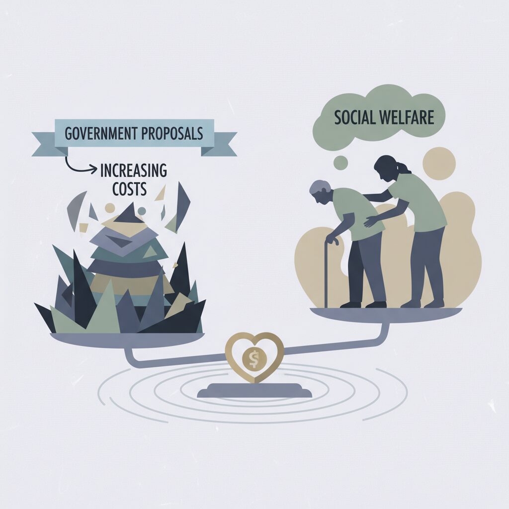 天秤の一方に介護費用の増加と政府の提言、もう一方に高齢者と介護職員のシルエットが描かれた抽象的なイラスト。制度の持続性と利用者の生活のバランスを表現。