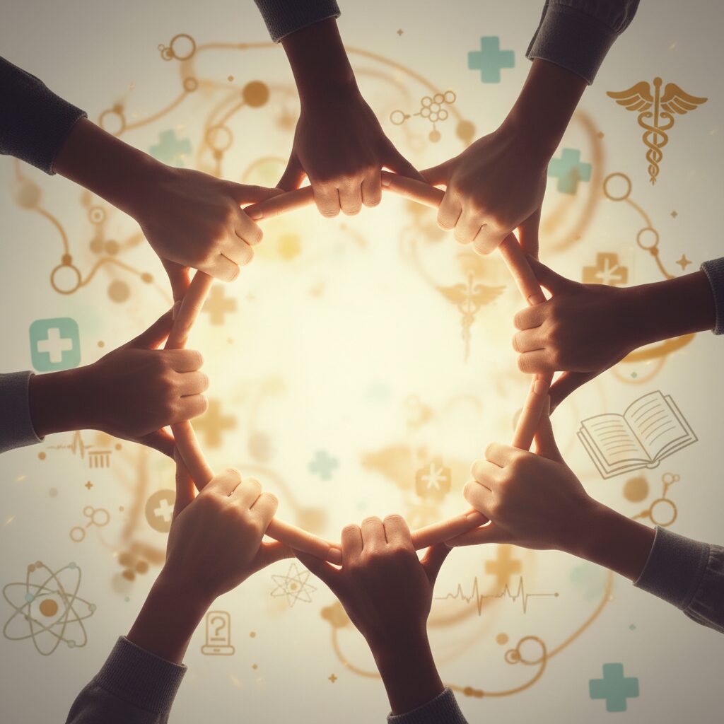 「グエー死んだンゴ」の投稿をきっかけに広がる寄付の輪を象徴する、支え合う手と研究を表すイメージ