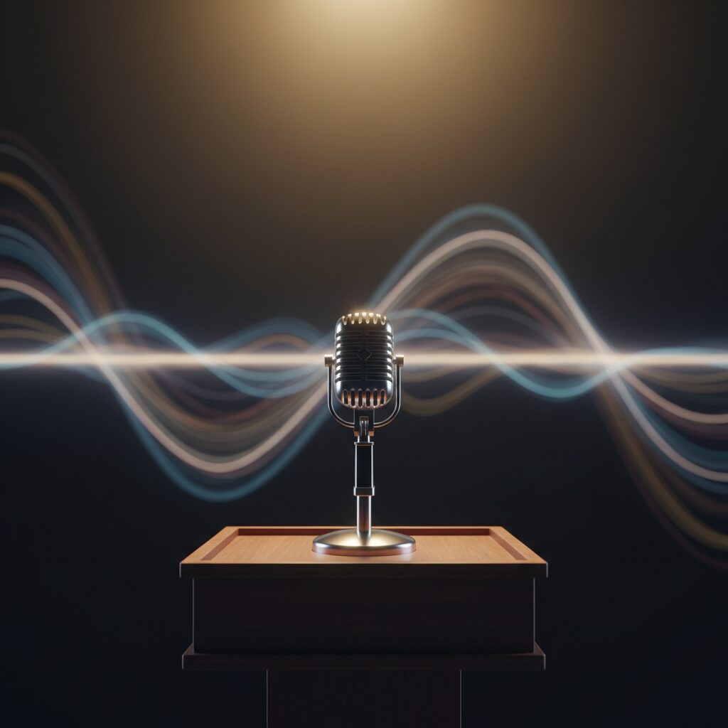 マイクに当たる柔らかな光と、消えゆく音波の抽象的な描写。声優・肥後マコトさんへの追悼を表す画像。