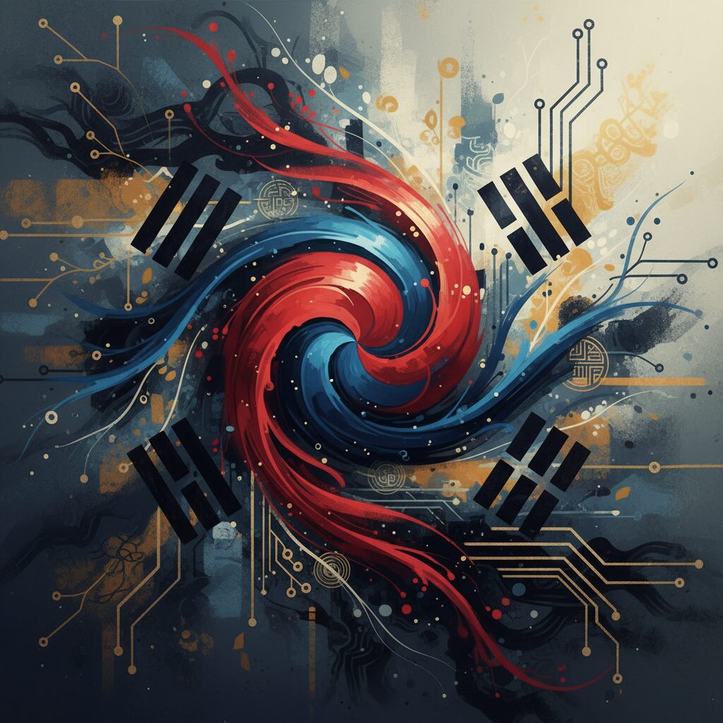 太極旗に似たデザインのイラスト。国際的な論争と文化的な背景を示唆。