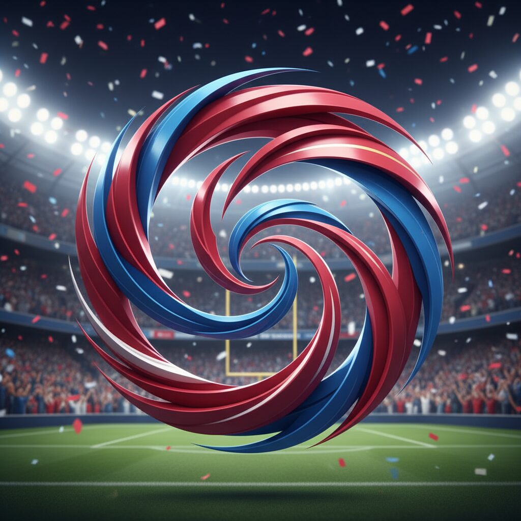 日本サッカー協会ポスターデザインの炎上を象徴する、赤と青の円形シンボルとスタジアムの背景。