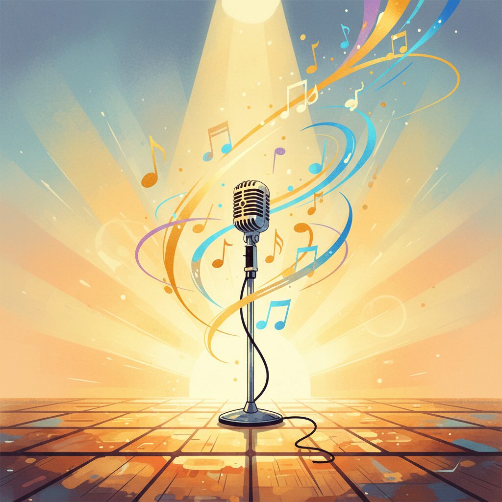 スポットライトが当たるマイクと、希望に満ちたステージの抽象的なイラスト。美川憲一さんのパーキンソン病公表と、活動再開への強い意志を象徴しています。