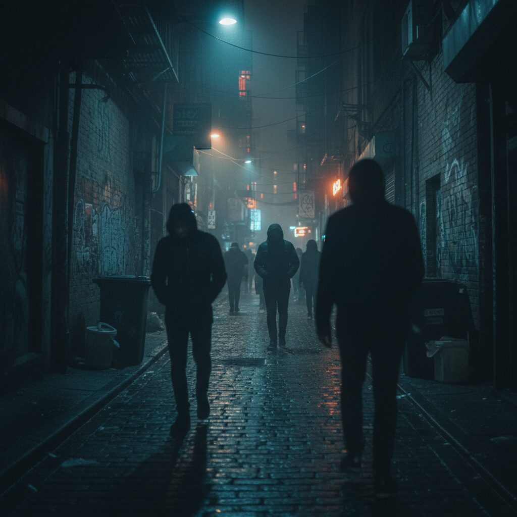 夜の都市の路地裏で抽象的な人物像が立つ、事件を暗示する画像