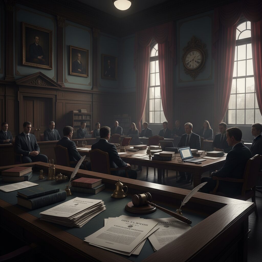 裁判所のような厳かな雰囲気の中、略式起訴された草間リチャード敬太さんの事件を象徴する画像