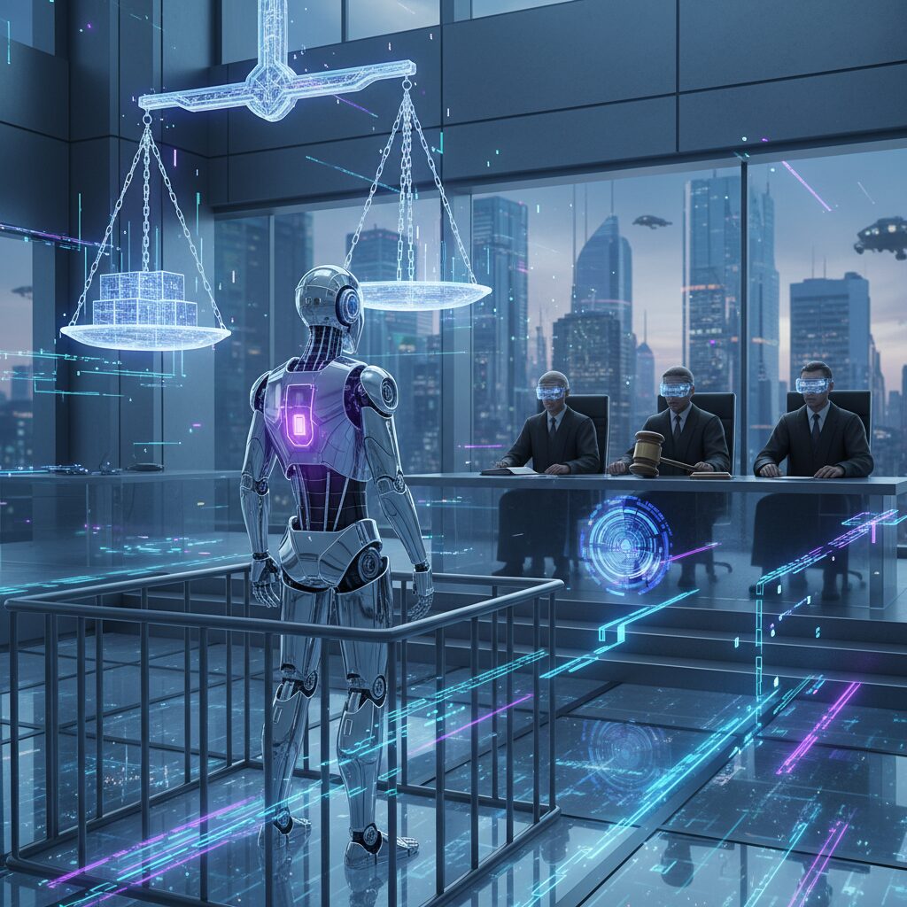 AIロボットが法廷で裁かれる様子を描いたイラスト。OpenAIの訴訟問題を象徴。