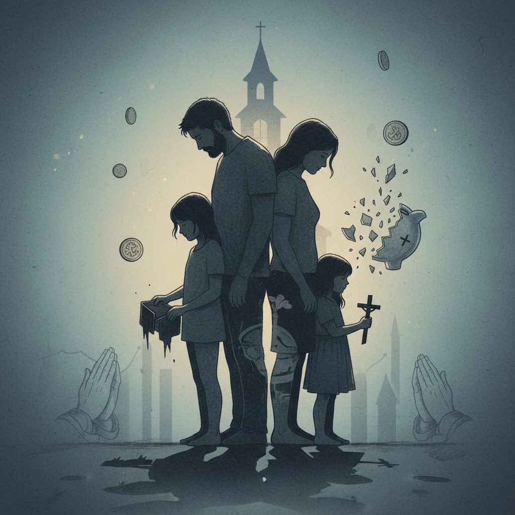 山上徹也被告の母親が旧統一教会に多額の献金をした背景と、それによる家族の苦悩、裁判への影響を示すイメージ