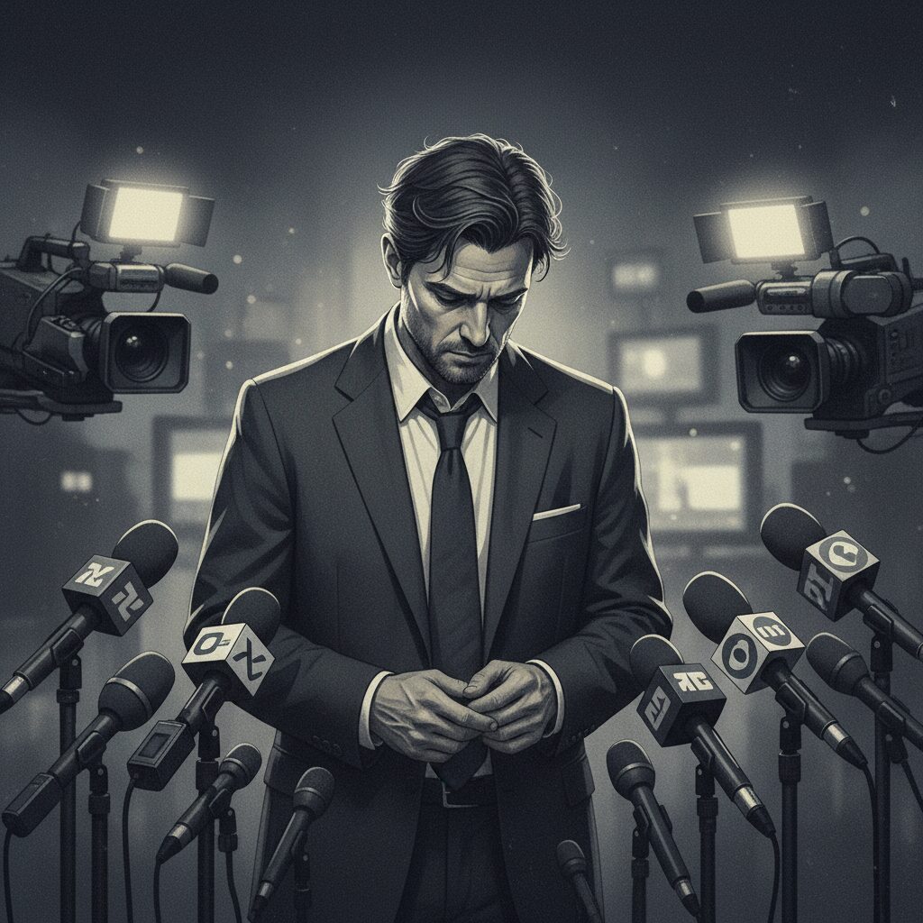 立花孝志氏がマイクの前で謝罪する様子を示すイラスト