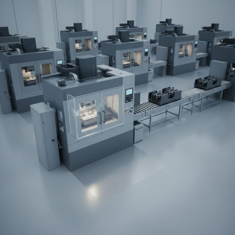 工場内にある機械の一部に安全カバーが破損している様子