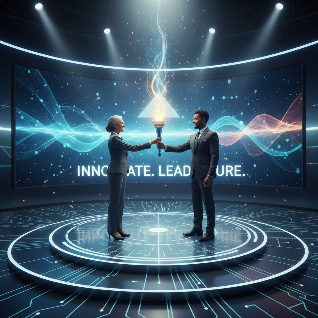 藤田晋社長から次世代リーダーへバトンが渡されるイメージ画像