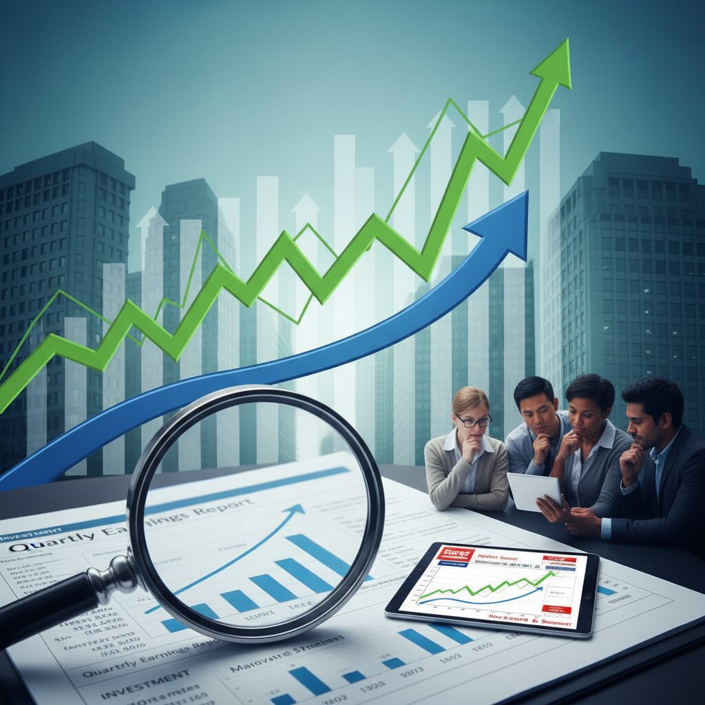 三井住友フィナンシャルグループの株価チャート、金融ビル、投資家がニュースを見る様子