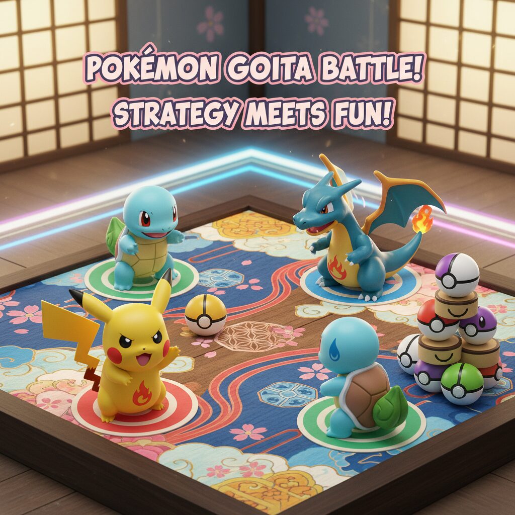 ポケモンごいたのゲーム風景、ポケモンたちが伝統的な「ごいた」の盤面で戦略的に遊ぶ様子。