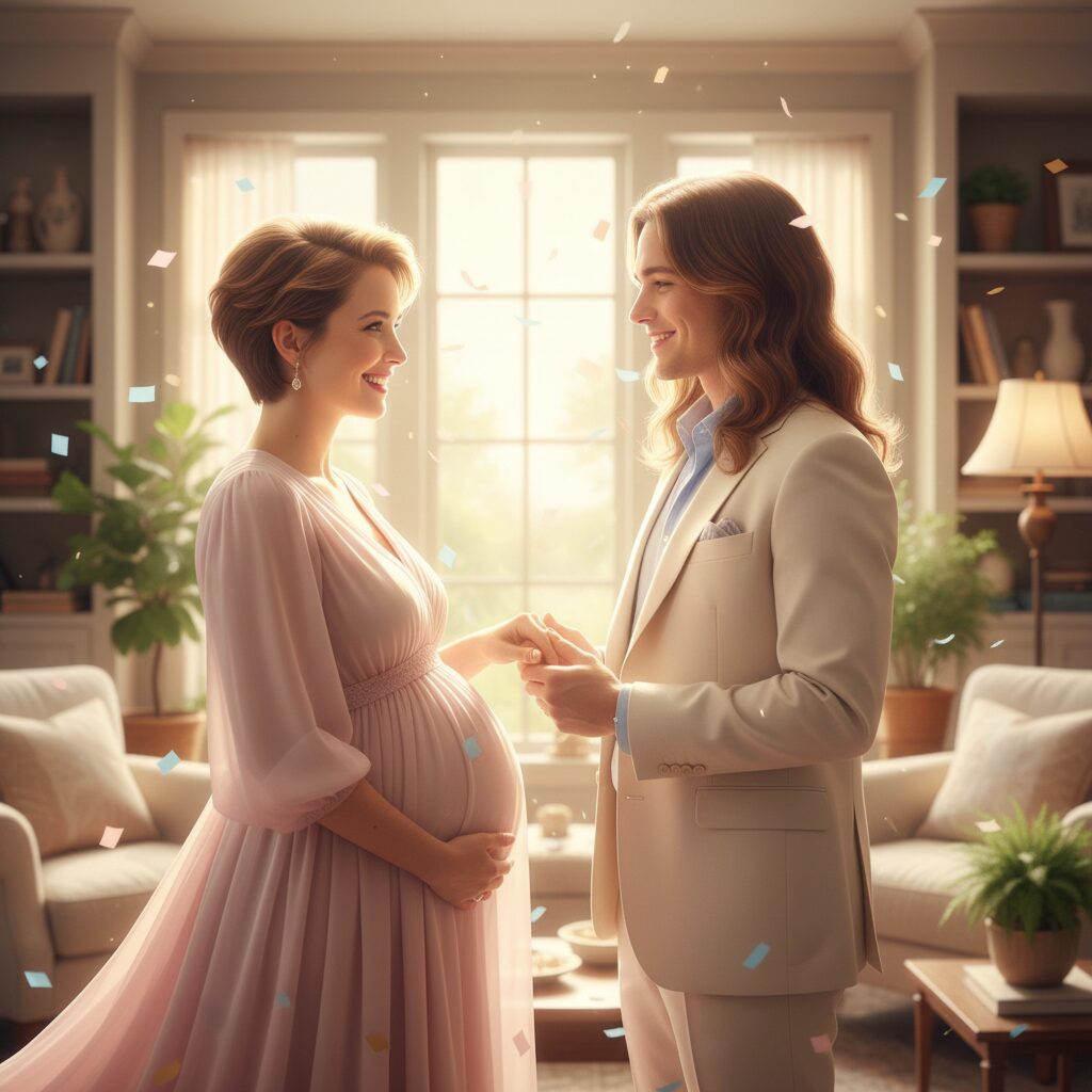 やついいちろうさんと松嶋初音さんが寄り添い、松嶋さんのお腹に手を添える優しい笑顔のイラスト