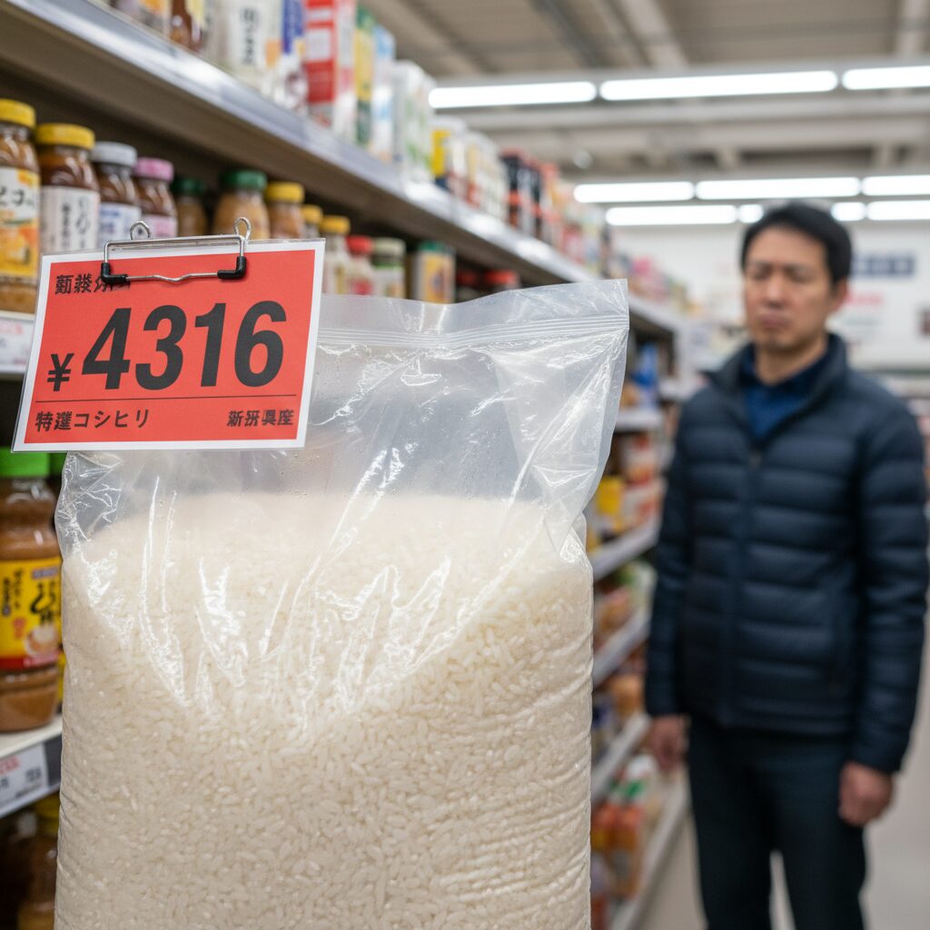 スーパーで高値のコメの袋を見つめる消費者