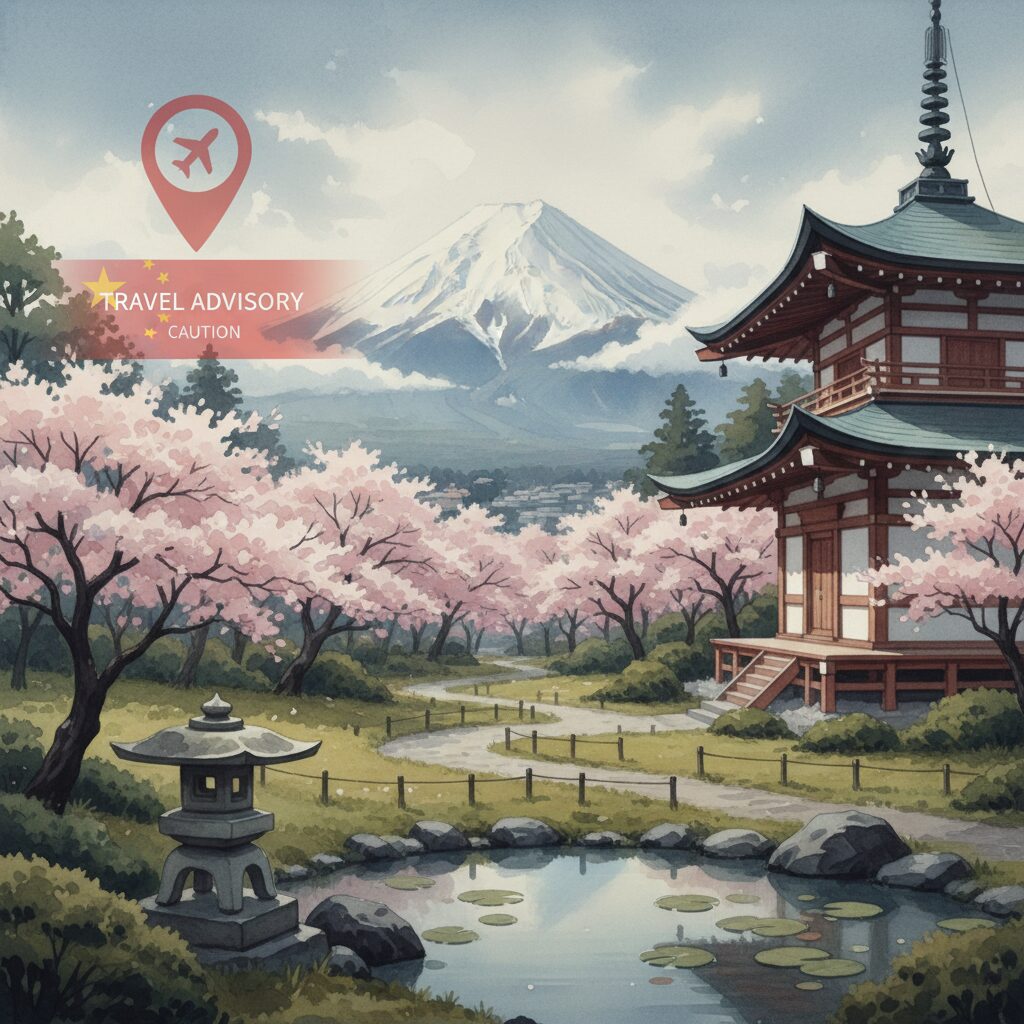 中国政府による日本渡航自粛勧告を受け、観光地が不安な雰囲気に包まれる日本の風景。