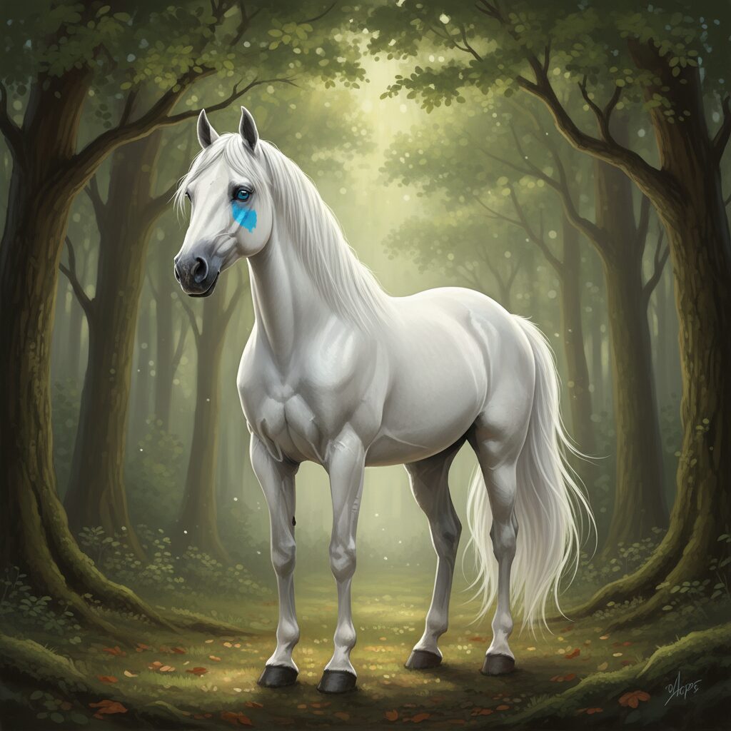 美しい白毛の競走馬アオラキが静かな森に佇む姿。青い瞳と頬の斑点が特徴。