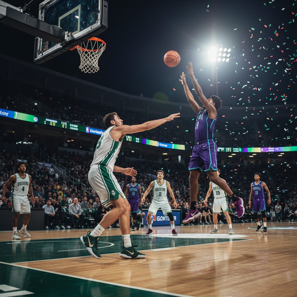 NBAバックス対ホーネッツのオーバータイム戦、選手たちがコート上で激しく競り合う様子。