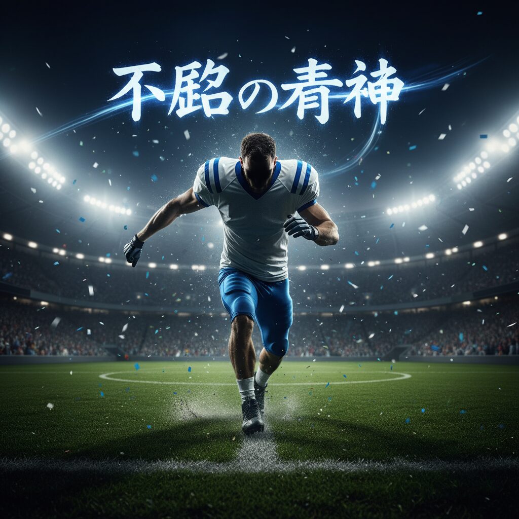 サッカーフィールドで力強くプレーする選手の後ろ姿。逆境を乗り越える強い意志が感じられる。