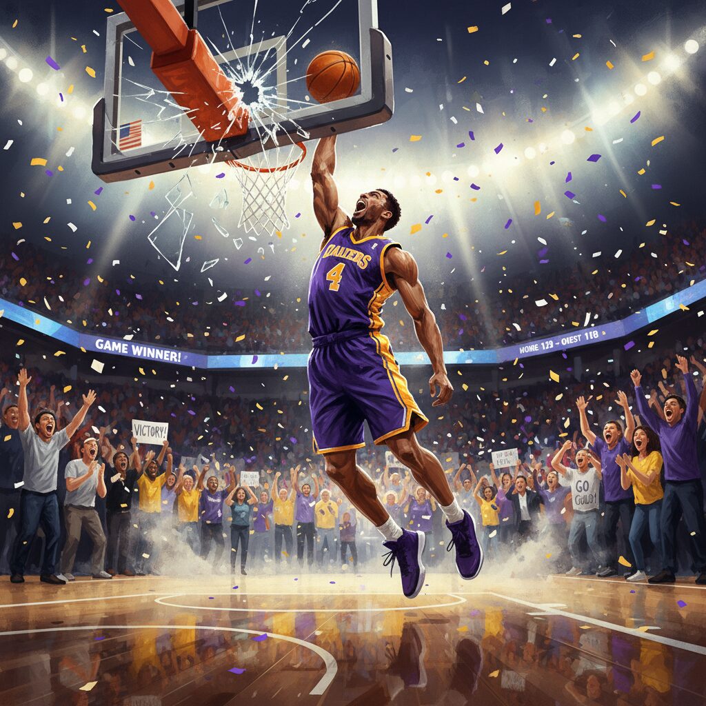 ロサンゼルス・レイカーズのユニフォームを着て躍動するオースティン・リーブス選手